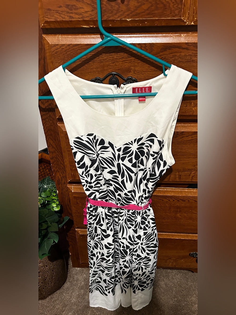 ELLE Black and White Floral Midi Dress with Pink Accent Belt